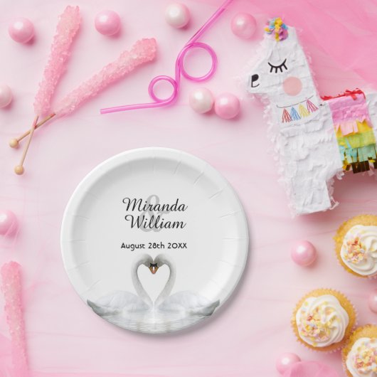 Assiettes En Carton Blanc élégant cygnes en amour mariage (Fête)