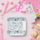 Assiettes En Carton Blanc et bleu Hello Plaque de papier de printemps (Fête)