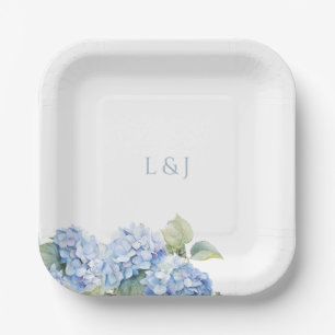 Assiettes En Carton Blanc Floral Blue Hydrangea Initiales Mariage