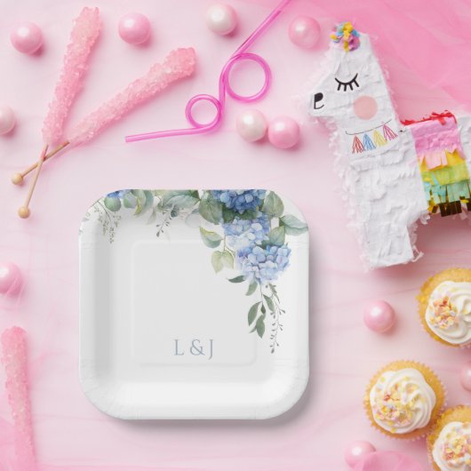 Assiettes En Carton Blanc Floral Blue Hydrangea Initiales Mariage (Fête)