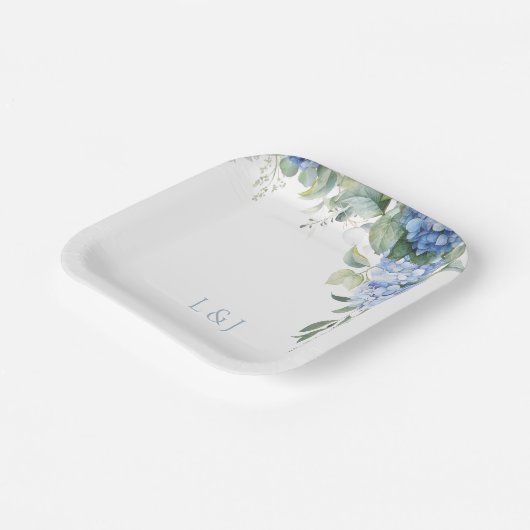 Assiettes En Carton Blanc Floral Blue Hydrangea Initiales Mariage (Angulaire)