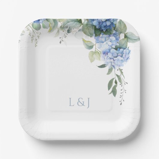Assiettes En Carton Blanc Floral Blue Hydrangea Initiales Mariage (Recto)