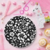 Assiettes En Carton Blanc noir Feuilles floraux modernes soufflant (Fête)