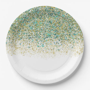 Assiettes En Carton Blanc Or et Paillettes Bleu Canard Glamour Moderne