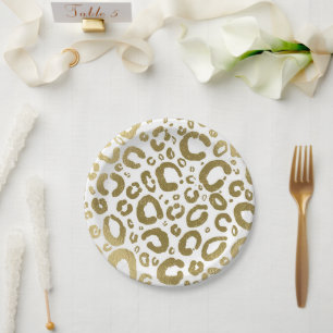 Assiettes En Carton Blanc & Or Glam Imprimé Léopard Fête