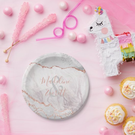 Assiettes En Carton Blanc & Rose Gold Agate Marbre Mariage Monogramme (Fête)