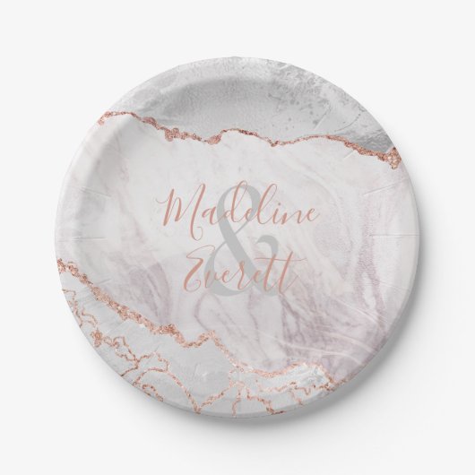 Assiettes En Carton Blanc & Rose Gold Agate Marbre Mariage Monogramme (Devant)