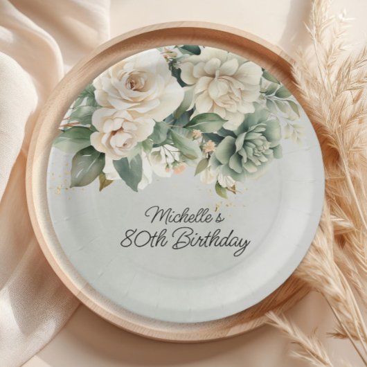 Assiettes En Carton Blanc Sage Vert Floral Or 80e anniversaire