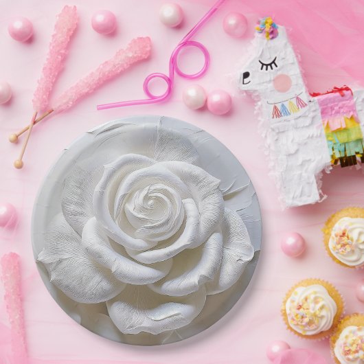 Assiettes En Carton Blanc sur blanc - Rose sculpté (Fête)