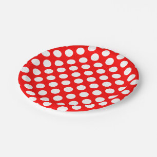 Assiettes En Carton Blanc sur rouge grand format Pois