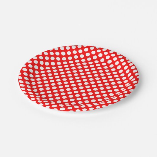 Assiettes En Carton Blanc sur rouge Pois de taille moyenne (Angle)