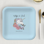 Assiettes En Carton Blanc Unicorne rose Fleurs Bleu