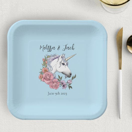 Assiettes En Carton Blanc Unicorne rose Fleurs Bleu
