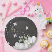 Assiettes En Carton blanc vert fleur feuilles noir (Fête)