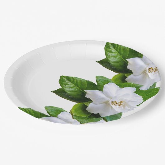 Assiettes En Carton Blancs fleurs de gardenia sur blanc (Angle)