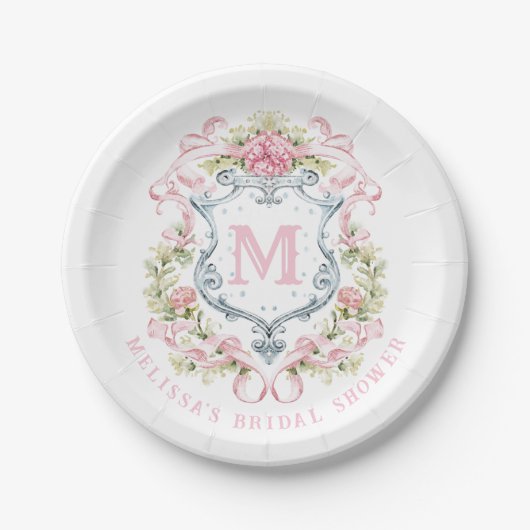 Assiettes En Carton Blason Floral Élégant Monogramme | Réception de Ma (Devant)