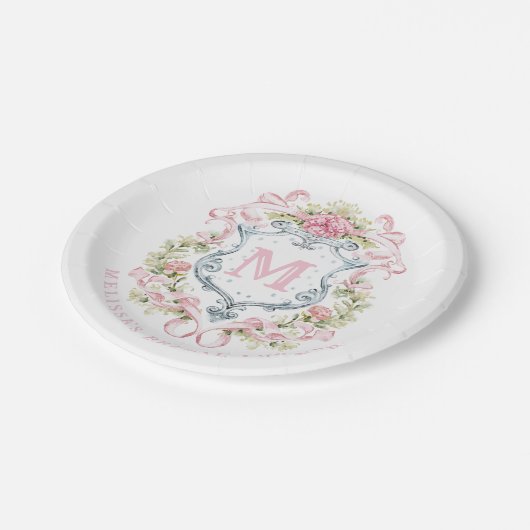 Assiettes En Carton Blason Floral Élégant Monogramme | Réception de Ma (Angle)