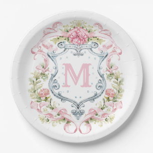 Assiettes En Carton Blason Floral Grandmillennial Monogramme   Mariage