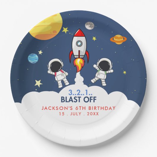 Assiettes En Carton "Blast Off Funny Birthday Boy with Astronaut theme (Devant)