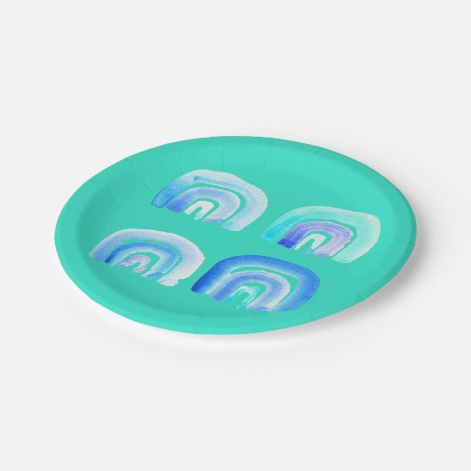 Assiettes En Carton bleu arc-en-ciel rétro turquoise (Angle)