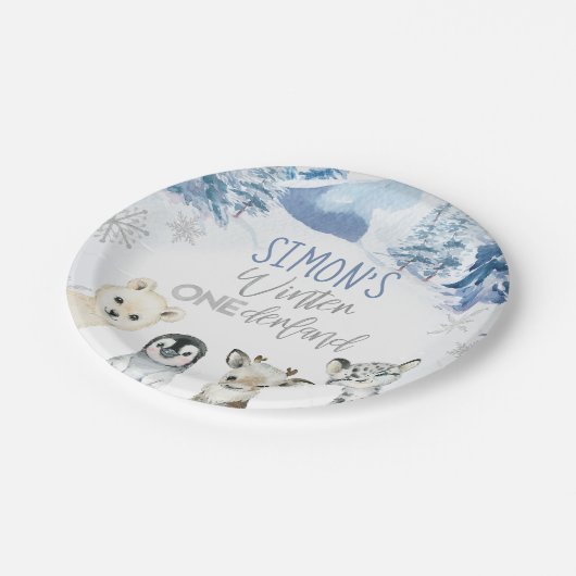 Assiettes En Carton Bleu Argent Arctique hiver Onederland Anniversaire (Angle)