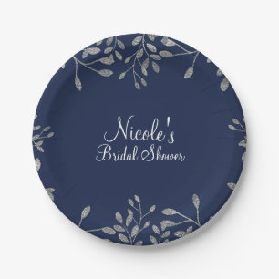 Assiettes En Carton Bleu & Argent Botanique Moderne Mariage élégant