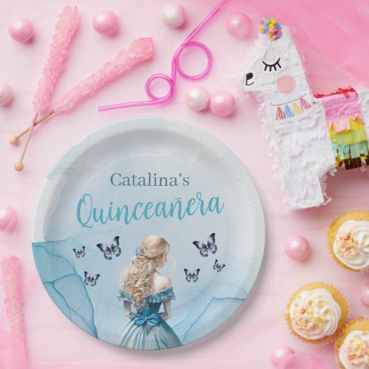 Assiettes En Carton Bleu Beurre d'or Princesse Quinceañera (Fête)