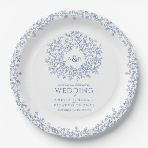 Assiettes En Carton Bleu blanc cercle feuille dessin monogramme mariag