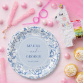 Assiettes En Carton Bleu Blanc Chinoiserie Floral Mariage Monogram (Fête)