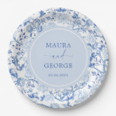 Assiettes En Carton Bleu Blanc Chinoiserie Floral Mariage Monogram (Devant)