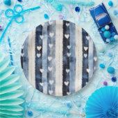 Assiettes En Carton Bleu Blanc Denim Coeur rayures Anniversaire (Fête)