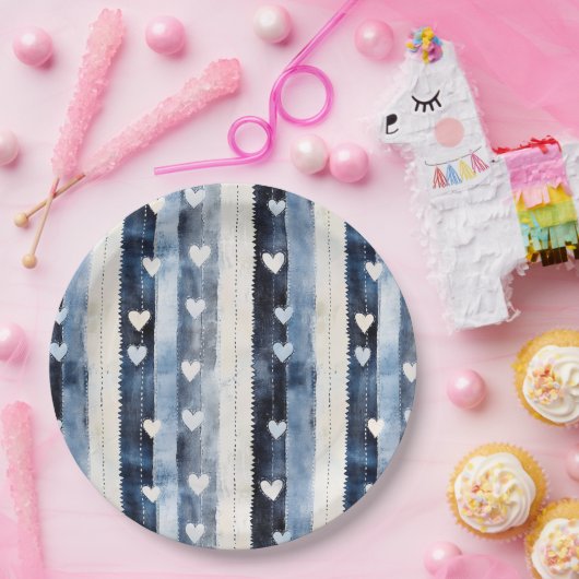 Assiettes En Carton Bleu Blanc Denim Coeur rayures Anniversaire (Fête)
