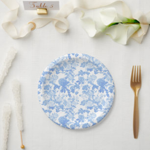 Assiettes En Carton Bleu Blanc Fleurs Roses Motif Chinoiserie Français