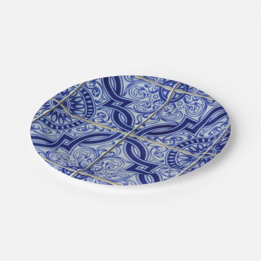 Assiettes En Carton Bleu + Blanc Méditerranée Azulejo Carrelage Motif (Angle)