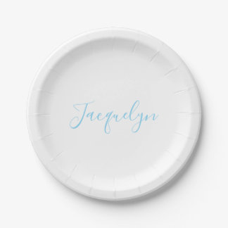 Assiettes En Carton Bleu Blanc Plaine Élégant Moderne Calligraphie Nom