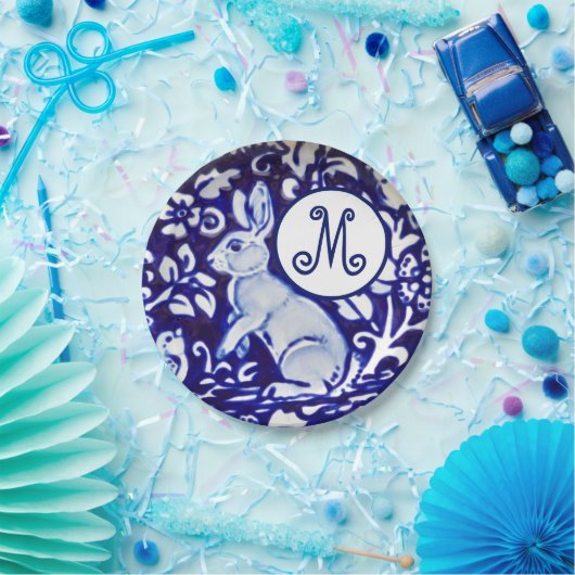 Assiettes En Carton Bleu Blanc Rabbit Oiseau Floral Monogramme Élégant (Fête)