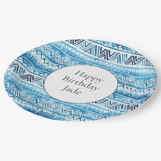 Assiettes En Carton Bleu Blanc Tribal Stripes Anniversaire (Angle)