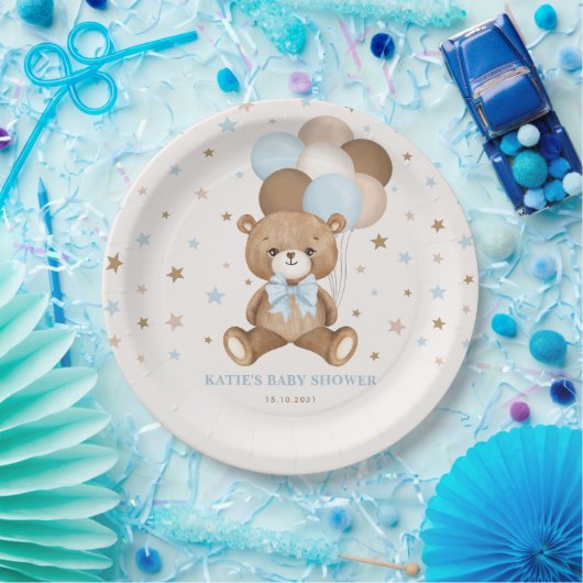 Assiettes En Carton Bleu bleu Brown Teddy Bear Balloons (Fête)