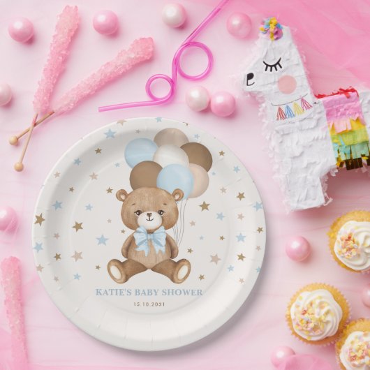 Assiettes En Carton Bleu bleu Brown Teddy Bear Balloons (Fête)