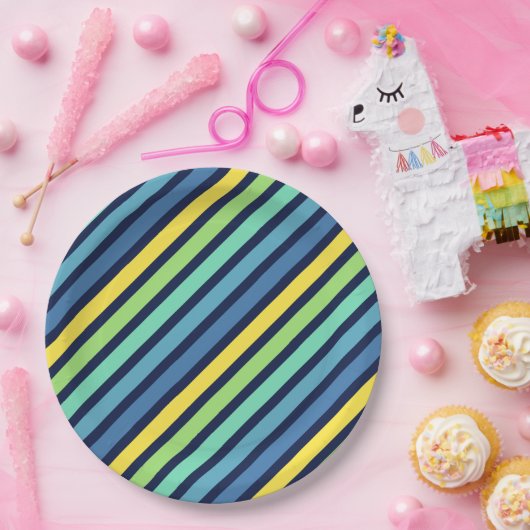 Assiettes En Carton Bleu bleu vert jaune rayures Motif (Fête)