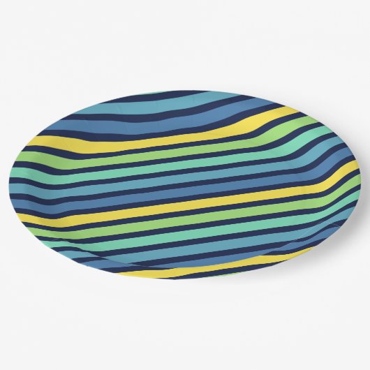 Assiettes En Carton Bleu bleu vert jaune rayures Motif (Angle)