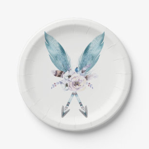 Assiettes En Carton Bleu Boho Bohème Flèches Fleur Plume Fête