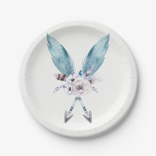 Assiettes En Carton Bleu Boho Flèches Bohémiennes Plumes Fête Florale (Devant)