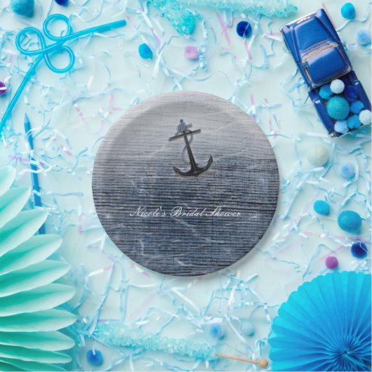 Assiettes En Carton Bleu Bois Élégant Nautique Plage Fête de mer Perso (Fête)