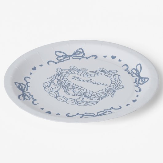Assiettes En Carton Bleu Bow Retro Coquette gâteau Coquette Personnali (Angle)