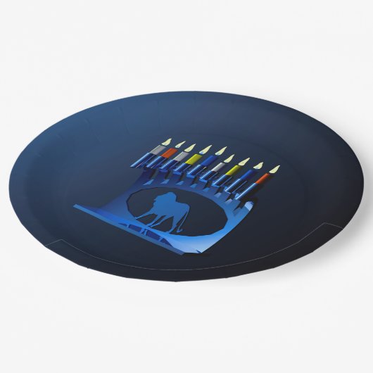 Assiettes En Carton Bleu brillant Chanukkah Menorah (Angle)