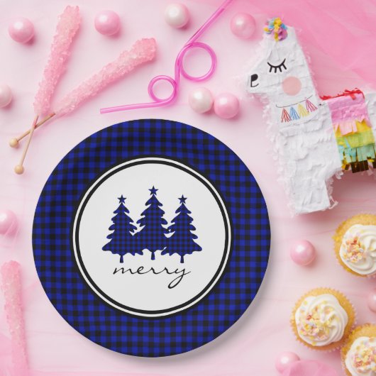 Assiettes En Carton Bleu Buffalo Check Pine Trees Plaque de papier (Fête)
