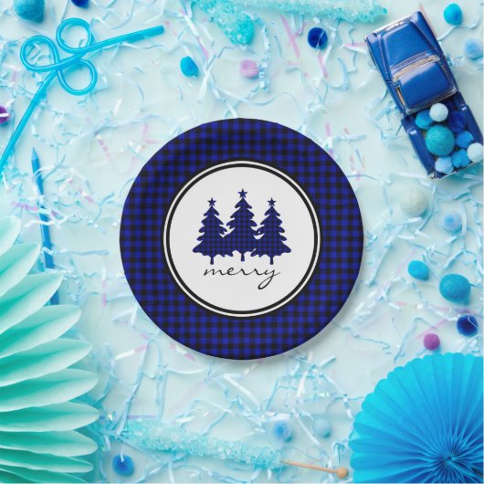 Assiettes En Carton Bleu Buffalo Check Pine Trees Plaque de papier (Fête)