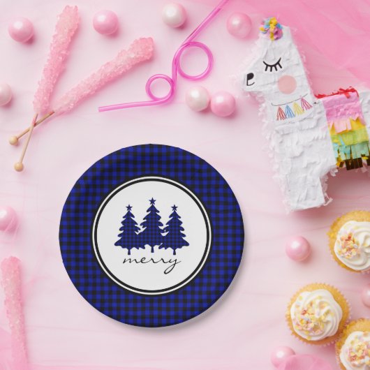 Assiettes En Carton Bleu Buffalo Check Pine Trees Plaque de papier (Fête)