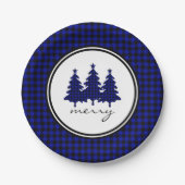 Assiettes En Carton Bleu Buffalo Check Pine Trees Plaque de papier (Devant)